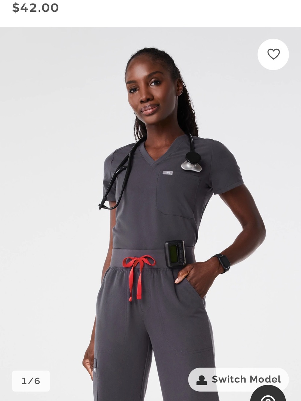 Figs Women's Scrub Set in Charcoal with Red Drawstring - Picture 1 of 6